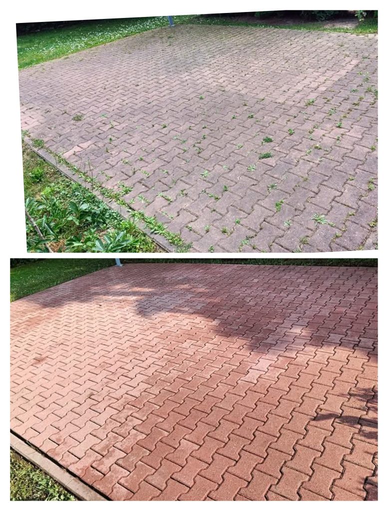 "Proces mycia ciśnieniowego podjazdu z kostki brukowej, widoczny kontrast między oczyszczoną a brudną częścią."