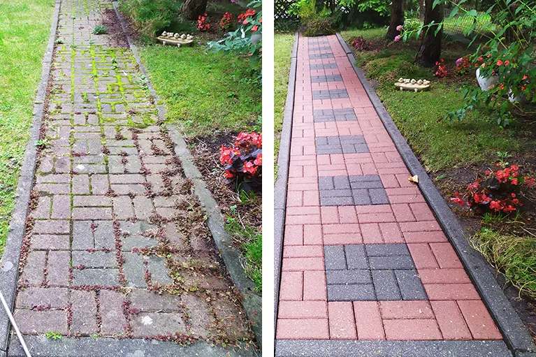 "kostka brukowa przed i po czyszczeniu z mchu"